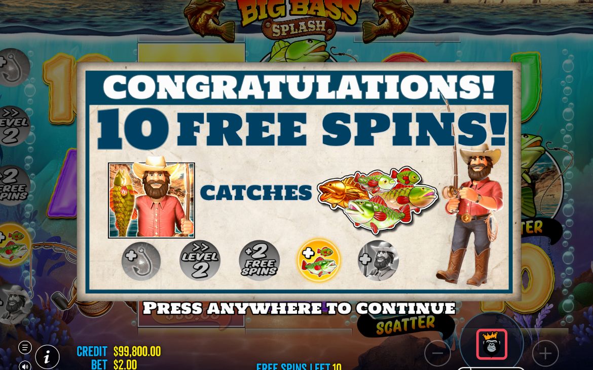Free Spins screen with the Fisherman WILD on the reels