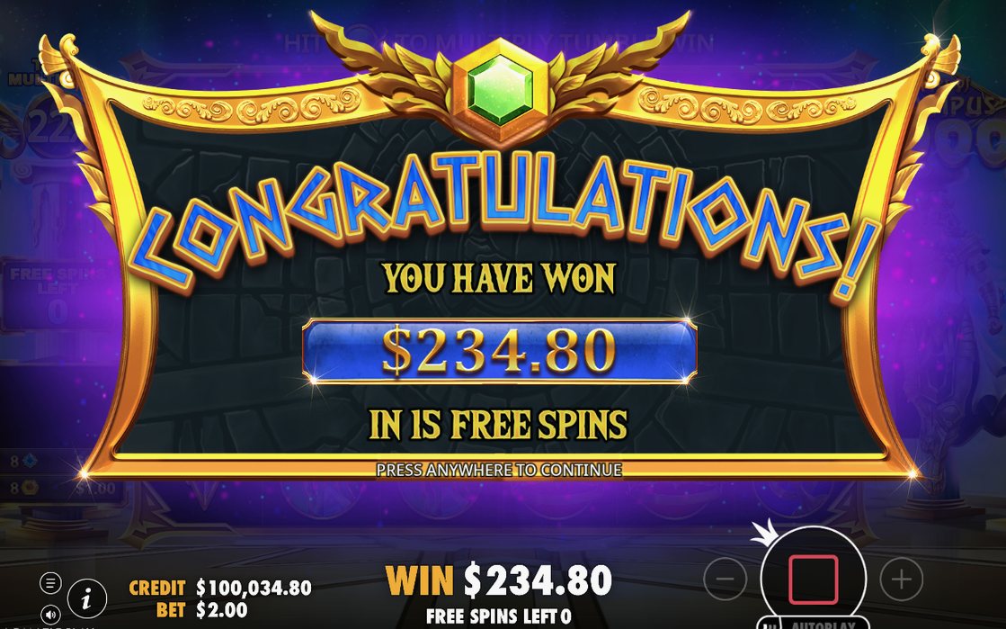 A completed tumble sequence with the summed multiplier beside the win