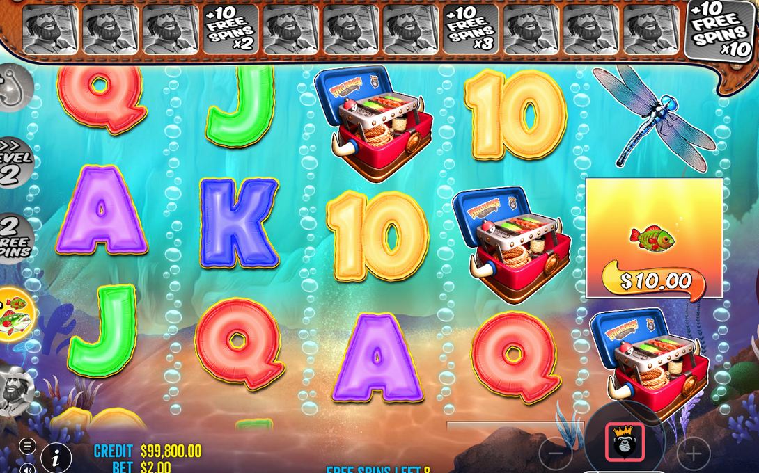 Free Spins screen showing fish money symbols on the reels