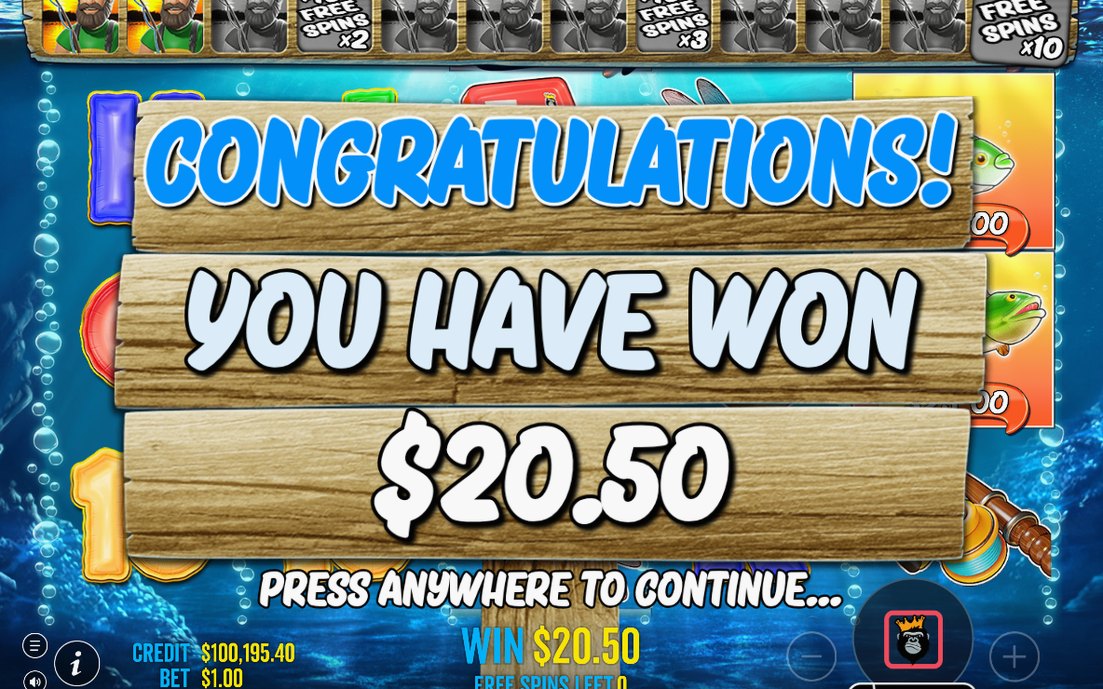 Win screen after a line win, with the amount credited.