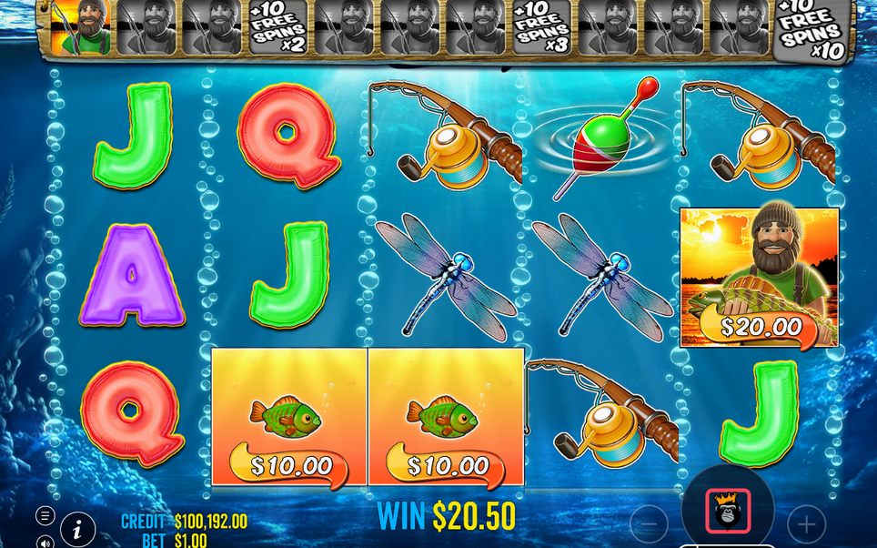 Retrigger tracker during Free Spins, with Fisherman Wild.